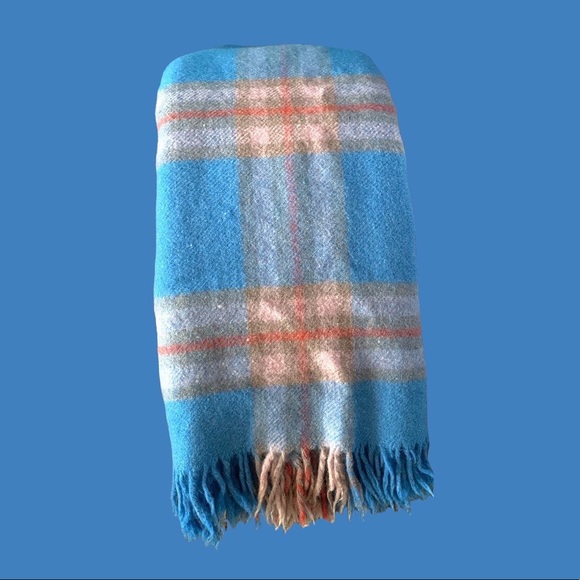 Vintage Wool Blanket Plaid Modern Farmhouse Throw Fringed Blue & Orange - Picture 6 of 9